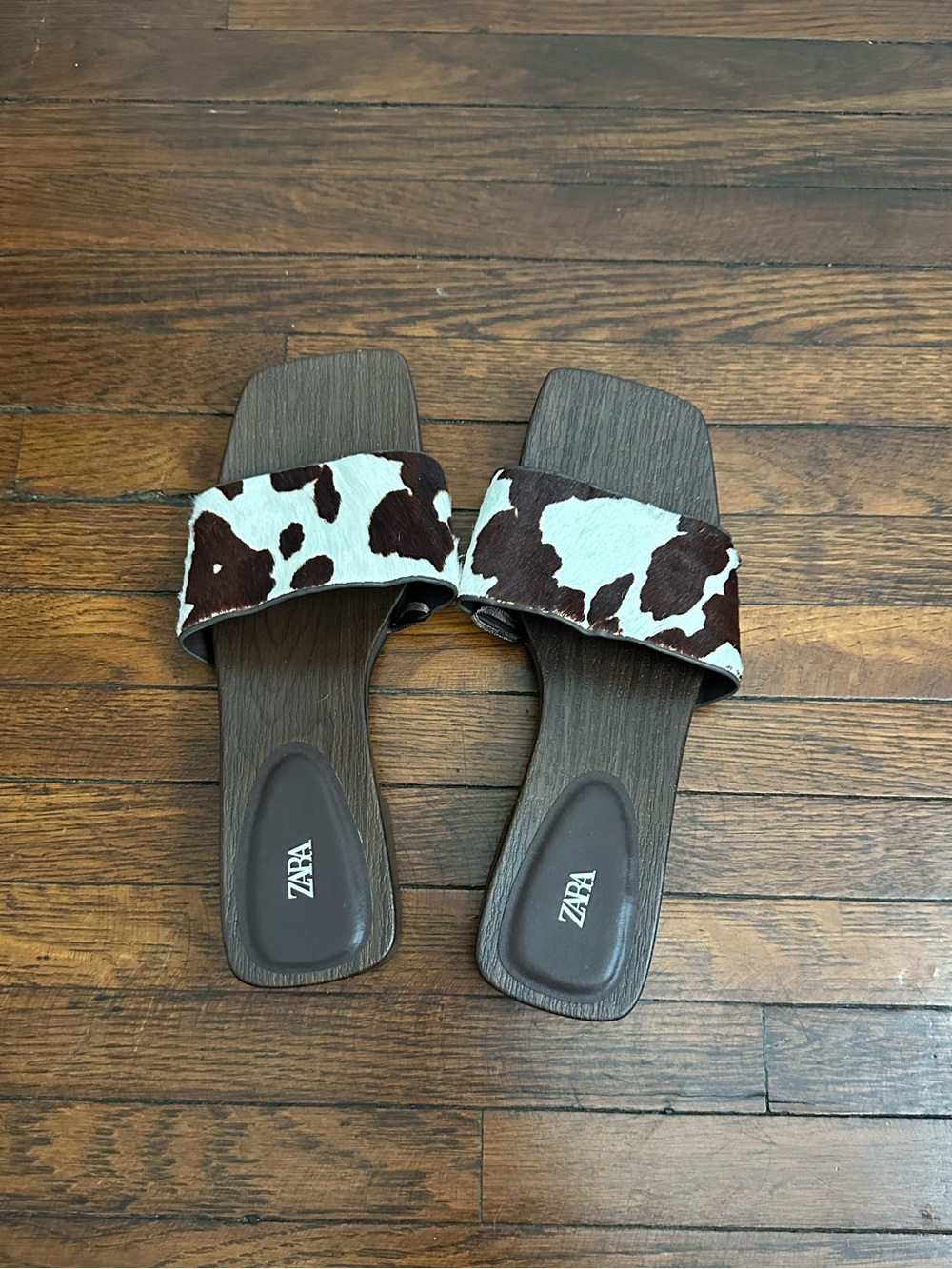 Zara Brown and White Cow Print Slide Sandals